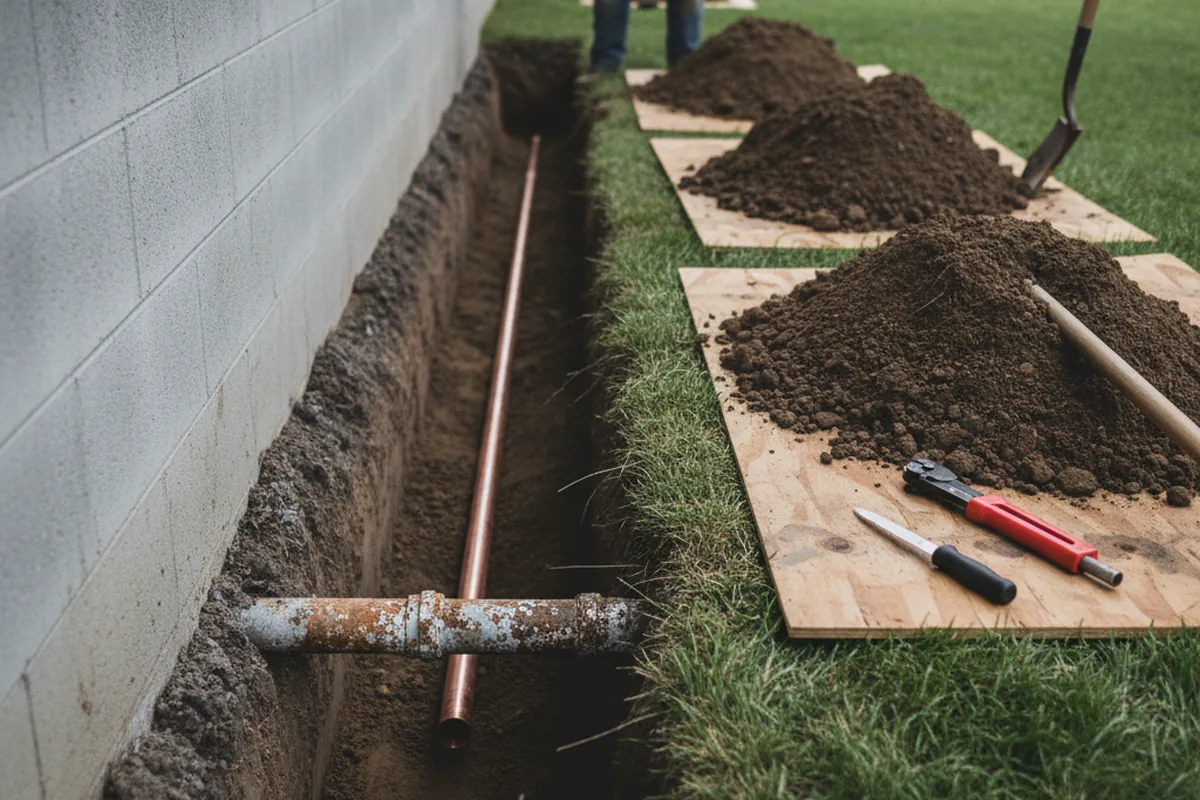 Excavated water line trench during Water Heater Repair in Lake Forest